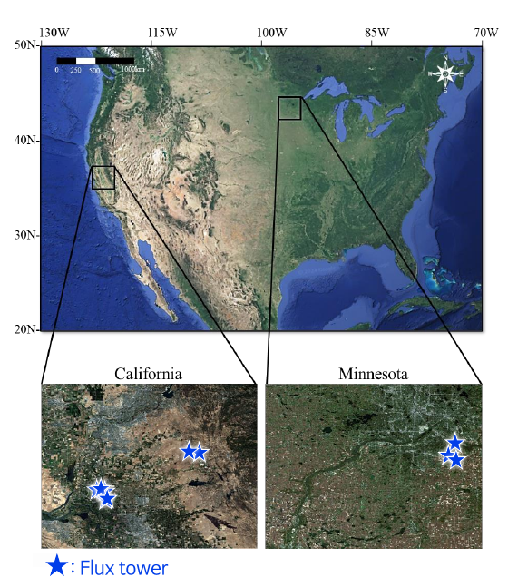 Study areas and flux-tower locations